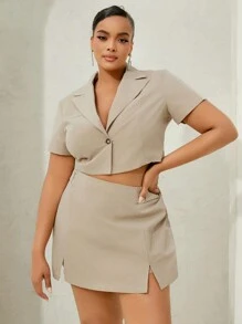 SHEIN SXY Hơn Nút đơn Crop Blazer & Chân Váy xẻ - Màu Khaki - Xem 5