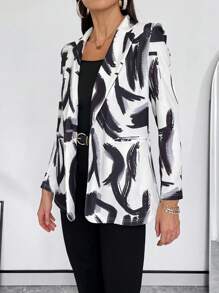 SHEIN Privé Allover Print Lapel Neck Blazer - Multicolor - View 3