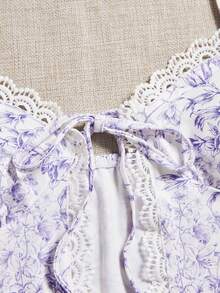 Soleia Floral Print Lace Trim Tie Front Cami Top - Mauve Purple - View 3