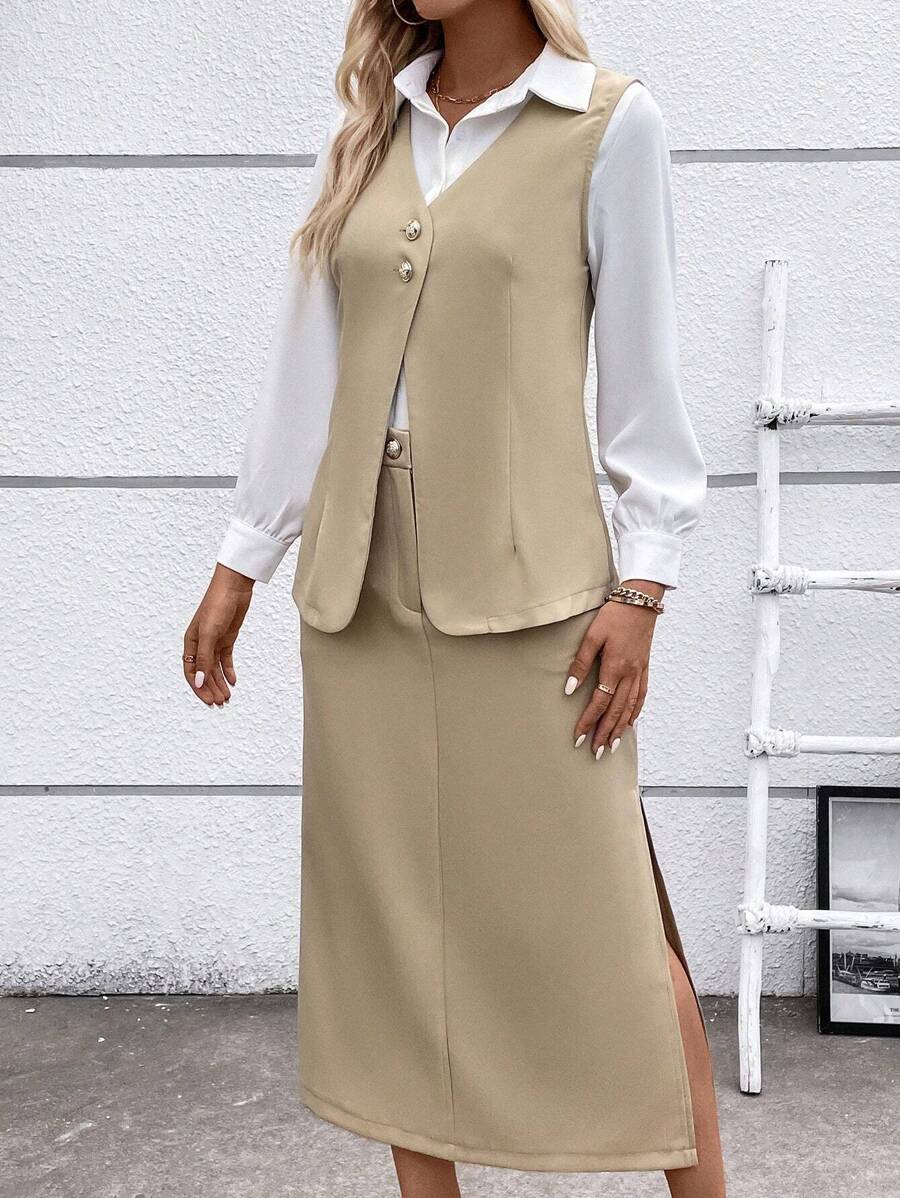SHEIN LUNE Solid Button Front Vest Jacket & Split Thigh Skirt Without Blouse - Khaki - View 1