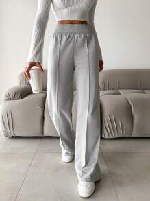 EURMUSE Solid Elastic Waist Sweatpants - Grey - View 3