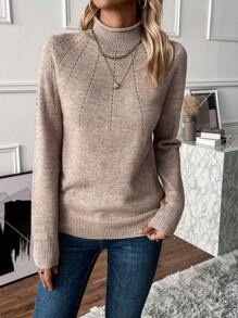 SHEIN Essnce Mock Neck Raglan Sleeve Sweater - Khaki - View 4