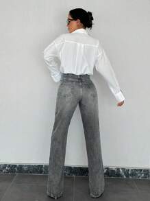 EURMUSE 100%Cotton Split Hem Straight Leg Jeans - Grey - View 2