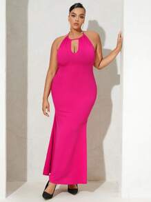 SHEIN SXY Talla grande Vestido con abertura delantera de espalda abierta con cordón de cuello halter bajo sirena - Rosa Fucsia - Ver 3