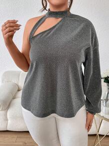 SHEIN Privé Hơn Cổ không đối xứng Cắt ra phía trước Áo thun Thả vai - màu đen - Xem 4