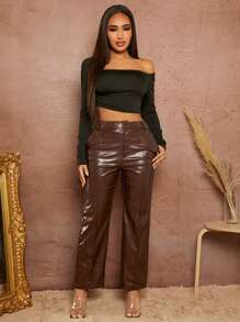 SHEIN SXY 高腰PU皮革西裝褲 - 棕色 - 查看 1