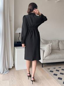 DAZY Cổ áo Đôi ngực Chi tiết về Flap Ống tay áo Đầm - màu đen - Xem 2