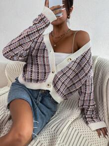 SHEIN Frenchy 格紋圖案落肩袖前紐扣開襟衫 - 粉色 - 查看 1