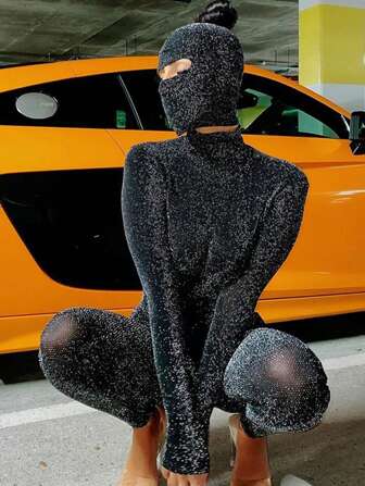 Solid Glitter Unitard Jumpsuit With Mask