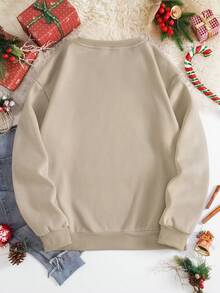 SHEIN EZwear Christmas Print Thermal Lined Sweatshirt - Khaki - View 2
