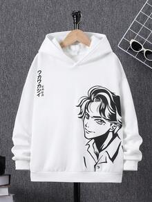 SHEIN 青少年男孩日文字母和数字图案连帽保暖卫衣 - 白色 - 查看 6