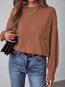 SHEIN LUNE 素色落肩袖口袋貼布套頭毛衣 - 棕色 - 查看 4