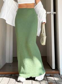 SHEIN EZwear 纯色生菜色饰边半身裙 - 軍綠色 - 查看 3