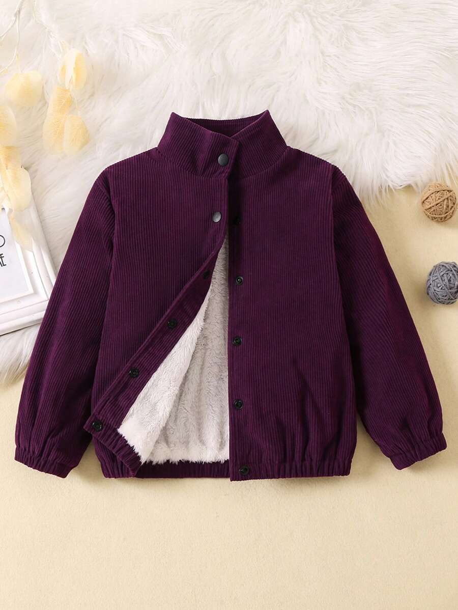 SHEIN 女小童前紐扣加絨內裏燈芯絨夾克 - 酒紅色 - 查看 1