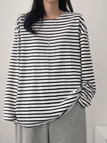 DAZY 1 件条纹落肩超大 T 恤，秋季服装，返校服装长袖女式上衣 - 白色 - 查看 7
