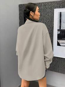SHEIN EZwear 落肩袖口袋貼布落肩袖襯衫 - 杏色 - 查看 2