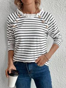SHEIN Frenchy Striped Print Lace Trim Button Detail Raglan Sleeve Tee - White - View 6