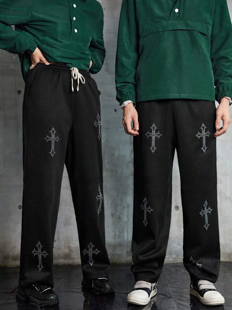 Manfinity RebelGame Men Cross Print Drawstring Waist Sweatpants - Black - View 3