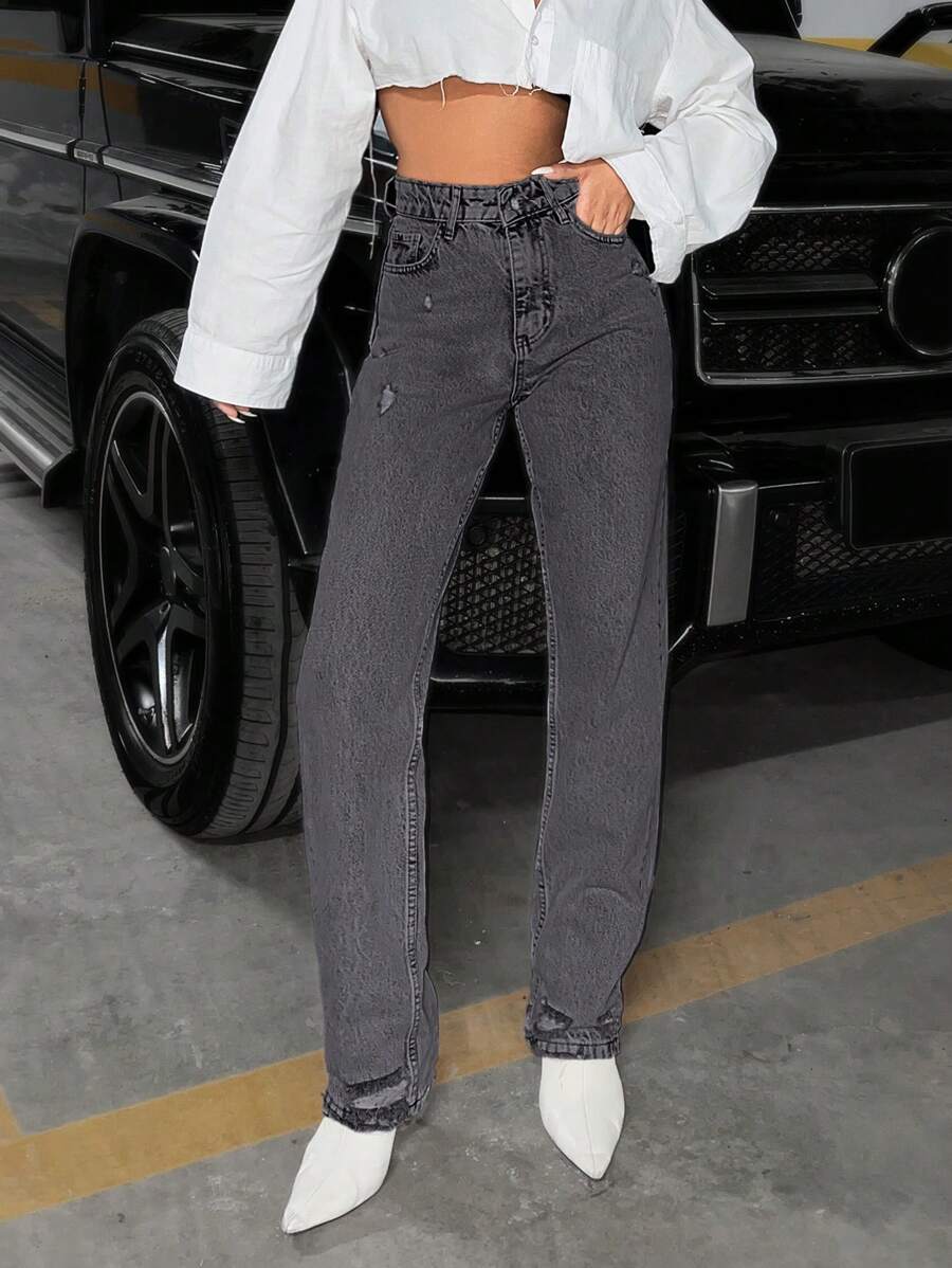 EURMUSE Slant Pocket Straight Leg Jeans - Grey - View 1