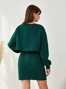 RueChic Teen Girl Letter Graphic Drop Shoulder Pullover & Skirt - Green - View 2