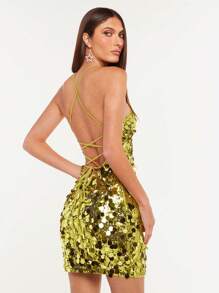 SHEIN BAE Của phụ nữ Vàng Kim sa Halter Neck Váy bodycon Đối với Hộp đêm - màu xanh lá - Xem 3