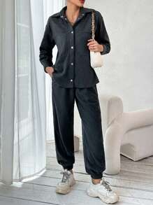 SHEIN Essnce Drop Shoulder Pocket Patched Shirt & Sweatpants - Dark Grey - View 1
