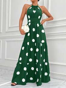 SHEIN Privé 波點圖案荷葉邊繞頸露背荷葉邊洋裝 - 墨綠色 - 查看 3