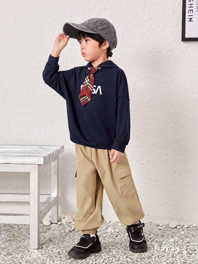 Young Boy Letter Graphic Hoodie With Tie & Flap Pocket Pants