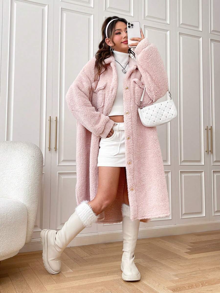 SHEIN EZwear Nút phía trước Sang trọng áo - Hồng - Xem 1