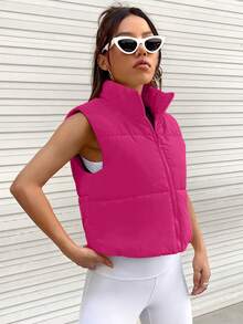 SHEIN Coolane Zip Up Sleeveless Vest Coat,Ladies Late Fall Casual Zipper Funnel Neck Regular Fit Black Plain Women Winter Coats,Winter Warmth/ Winter Fashion - Red - View 4