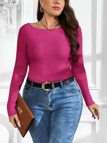 SHEIN Clasi Hơn Cổ thuyền Đồ đan Ribbed Áo len - Màu Hồng Tươi - Xem 5