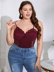 SHEIN Privé 大碼蕾絲拼接緊身吊帶連體衣 - 酒紅色 - 查看 3