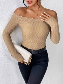 SHEIN Frenchy Off Shoulder Lettuce Trim Tee - Khaki - View 4