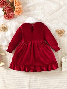 Bebé niña Vestido bajo con fruncido de terciopelo con pañuelo - Burdeos - Ver 2