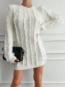 EURMUSE Solid Fringe Trim Sweater Dress - White - View 4
