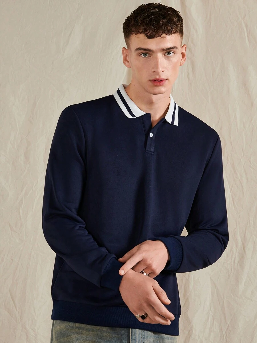 Aesthetic Post--Men Striped Trim Polo Neck Sweatshirt - Navy Blue - View 1