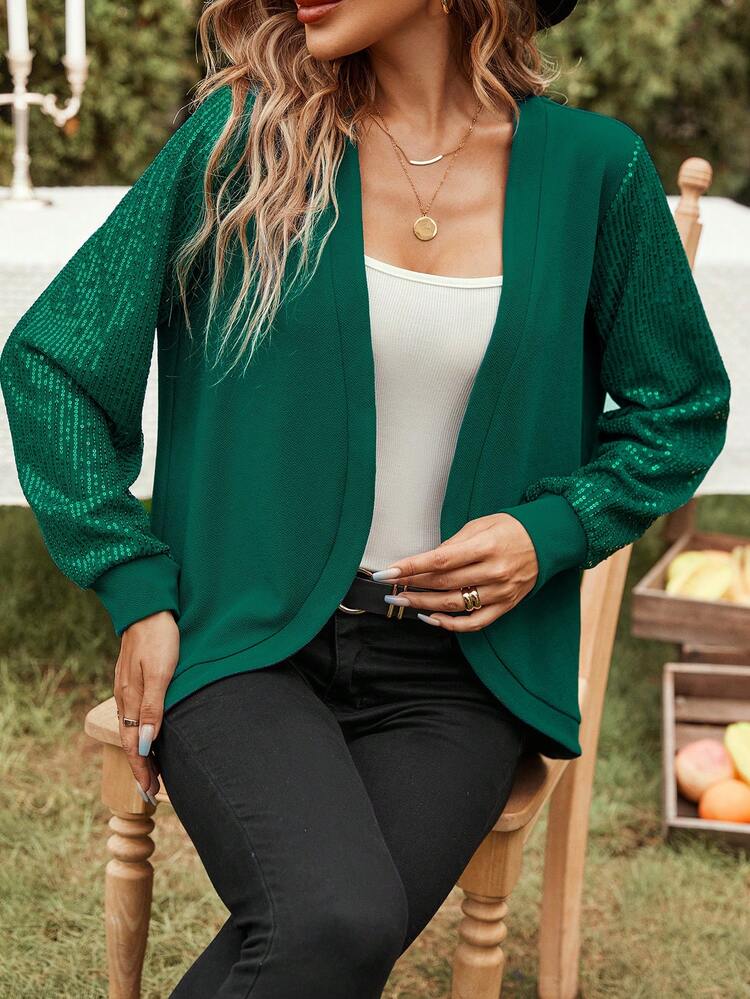 Contrast Sequin Open Front Drop Shoulder Coat