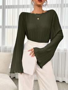 SHEIN Essnce Boat Neck Trumpet Sleeve Lettuce Trim Plisse Blouse,Long Sleeve Tops - Army Green - View 1