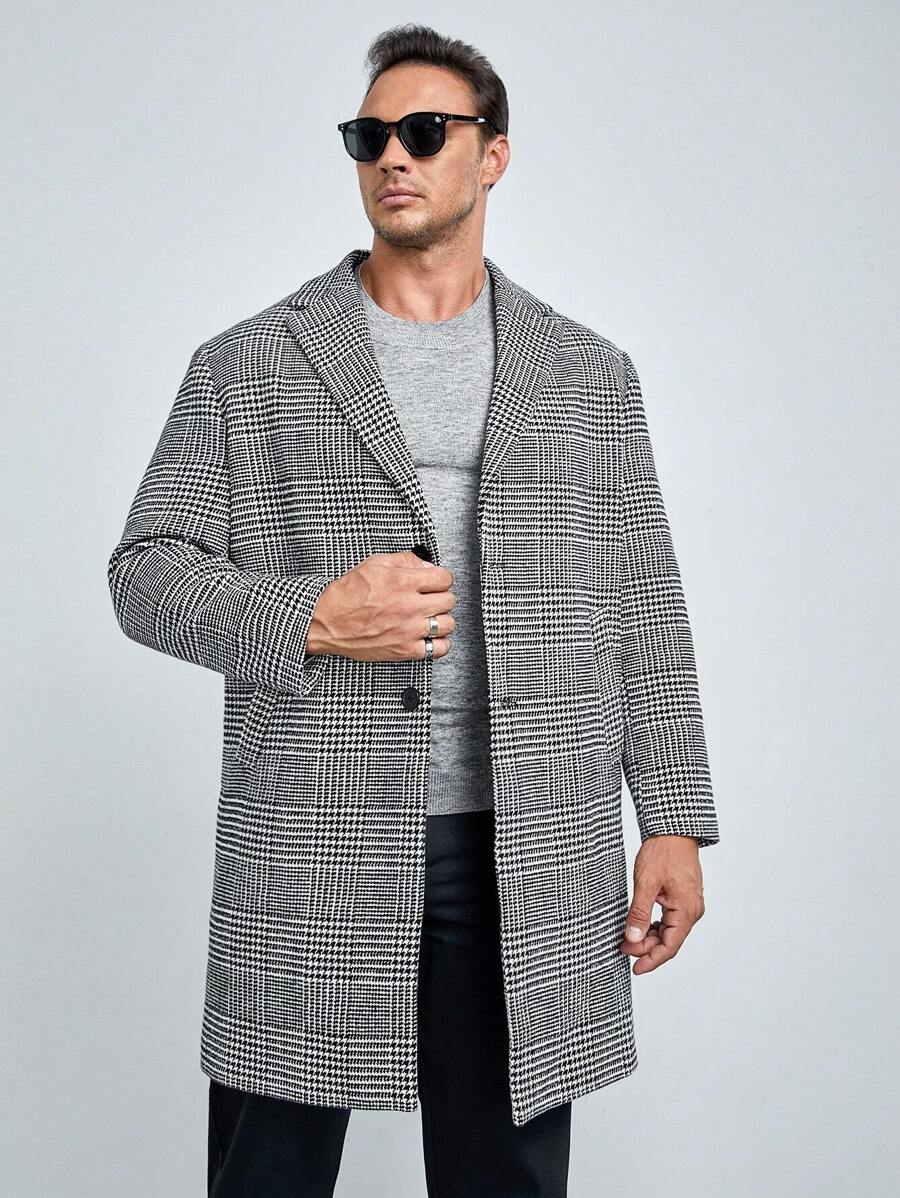 Manfinity VCAY Men Plus Houndstooth Print Lapel Neck Overcoat, For Fall Winter - Multicolor - View 1