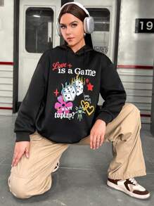 Flirla Plus Size Cartoon & Letter Graphic Drop Shoulder Drawstring Sweatshirt Pullover Fall Sweatshirt - Black - View 4