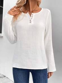 Ellegaria. Women's Fashion Button Collar Solid Color Long Sleeve Casual Shirt - White - View 5