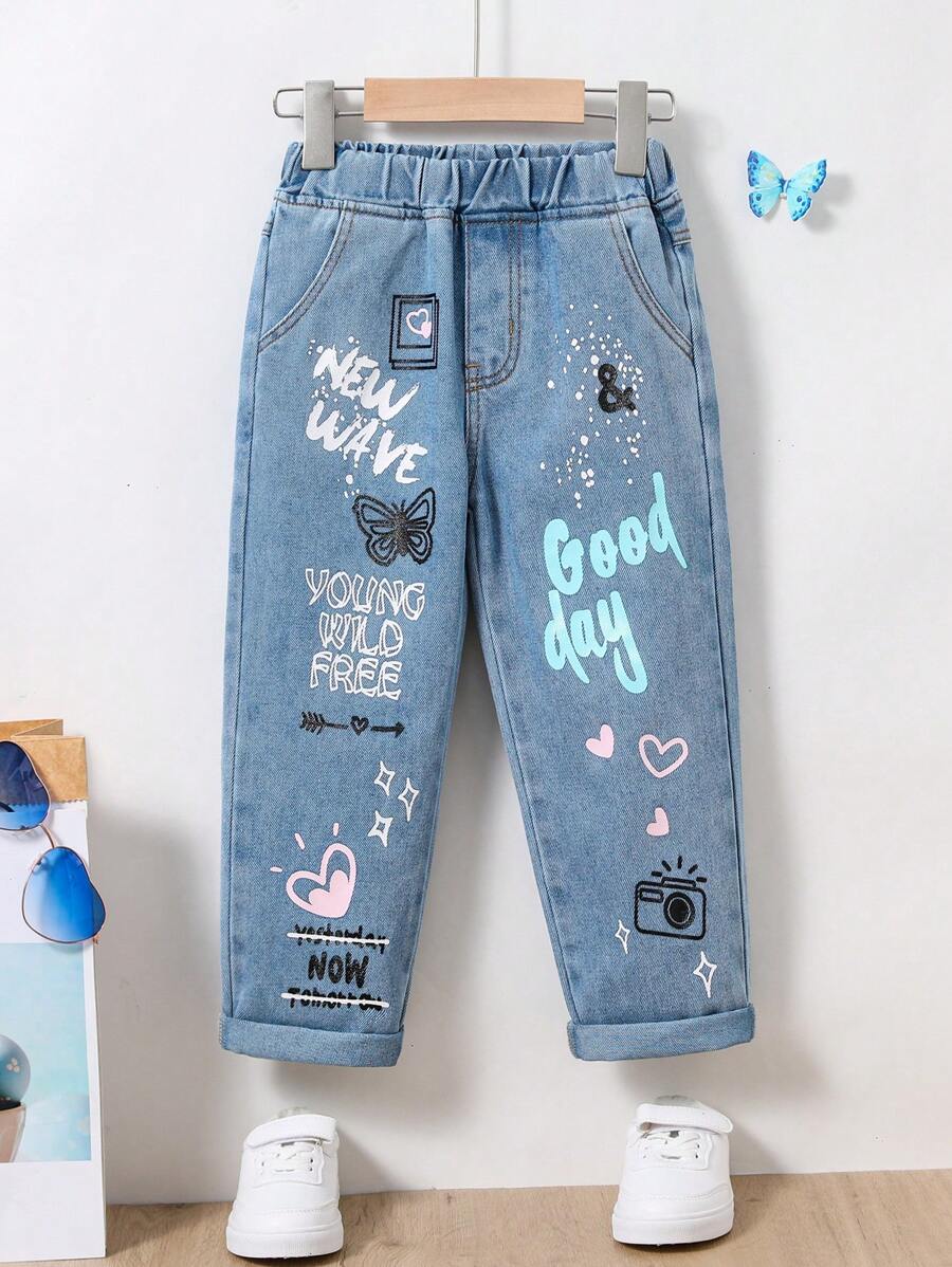 SHEIN Explorewe 女小童愛心和標語圖案牛仔褲 - 淺色水洗藍 - 查看 1
