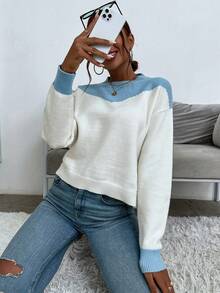 SHEIN Unity Two Tone Drop Shoulder Sweater - White - View 4