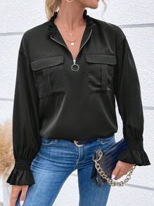 Chiquease Flounce Sleeve Flap Pocket O-ring Zipper Front Blouse - Black - View 5