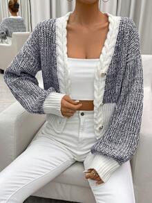 SHEIN Essnce 段染落肩袖開襟衫 - 灰色 - 查看 4