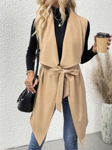 Chiquease Waterfall Collar Belted Vest Coat - Khaki - View 4