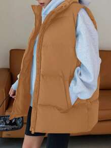 RueChic Solid Zip Up Puffer Vest Coat - Beige - View 3