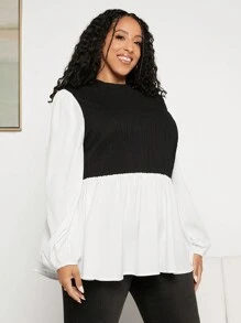 SHEIN CURVE+ 大尺碼荷包邊灯笼袖上衣 - 黑色 - 查看 6