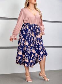 SHEIN VCAY Hơn In hoa Tay áo loe Váy có thắt lưng - Bụi hồng - Xem 3