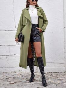 SHEIN LUNE 西裝領雙排釦腰帶風衣外套 - 軍綠色 - 查看 4
